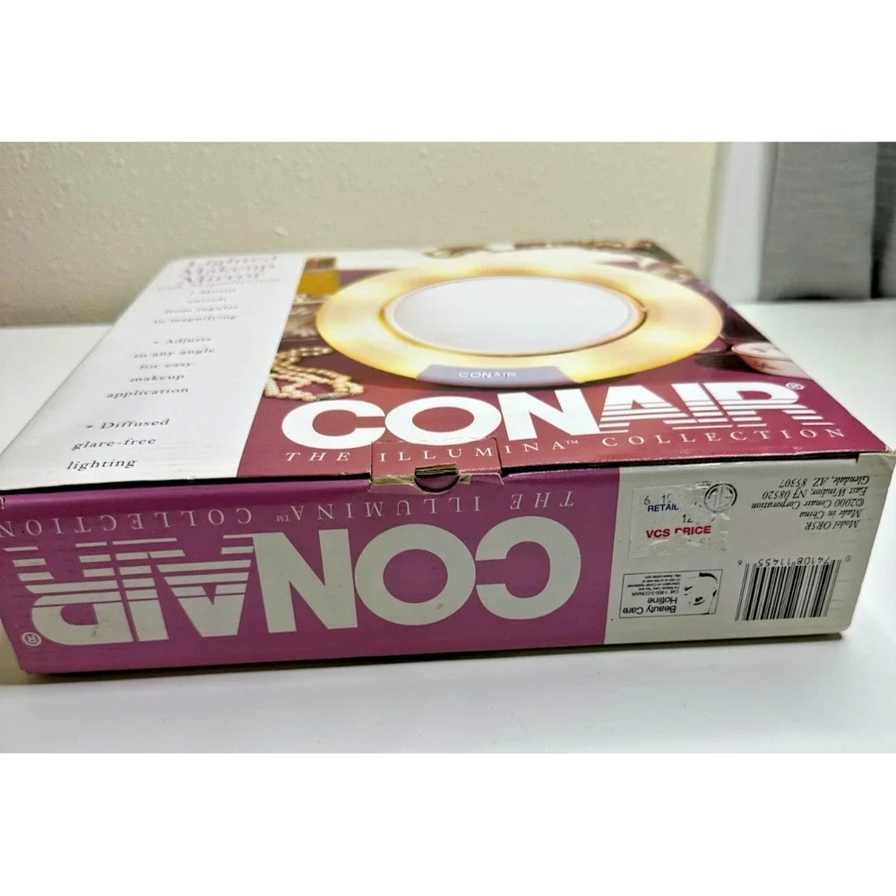 NEW Vtg Conair Lighted Makeup Mirror Round Two Sided 2000 Folds Stand